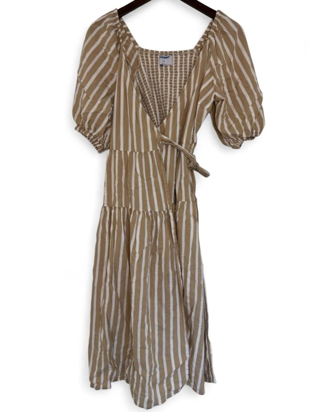 Old Navy White Tan Striped Wrap Dress XS Cottagecore Boho Puff Sleeve Coastal